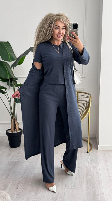 Женский базовый прогулочный костюм тройка: кардиган футболка и штаны трикотажный рубчик Графит, 46/48 Одесса - изображение 6