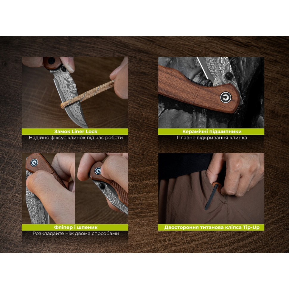 Ніж складаний кишеньковий Civivi Clingman (7.6 см) Damascus / Guibourtia Wood дерево Киев - изображение 14