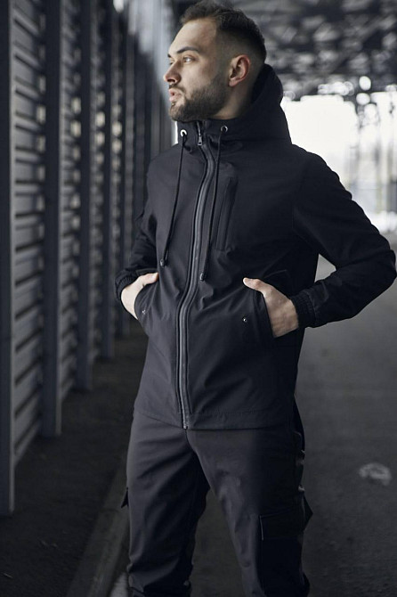 Мужской тактический костюм Softshell Intruder черный, куртка с капюшоном и штаны с карманами и с манжетами соф Одесса - изображение 2