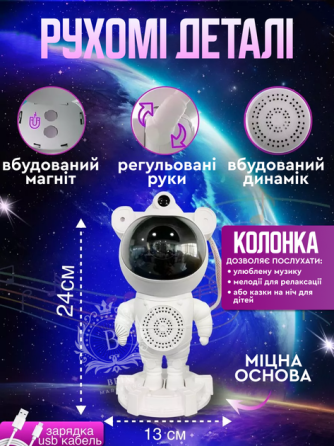 Ночник-проектор зоряного неба Астронавт 24см з пультом та Bluetooth колонкою (Білий) Вінниця