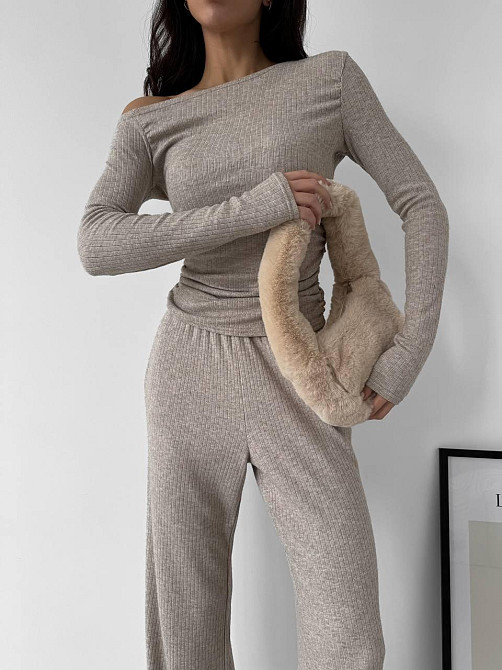 Женский базовый костюм двойка: лонгслив и брюки ангора рубчик Беж, 44/46 Одесса - изображение 5