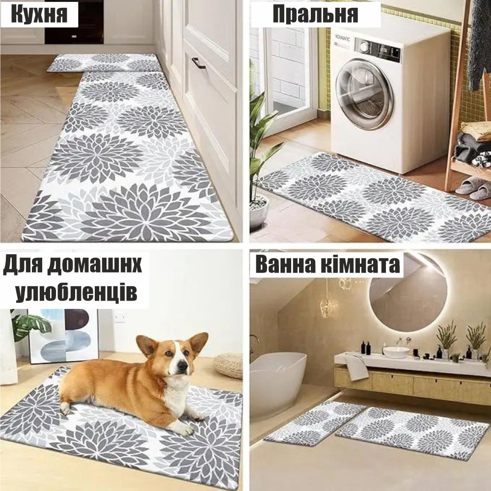 Набор 2 коврика для ванной и кухни Aquarius Суперпоглощающие 50х80 см + 50х120 Серые Цветы Буча - изображение 8