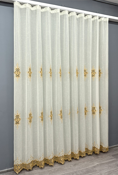 Тюль VR-Textil 1805т Льон з мереживом Молочний з золотистим 300х270 см (40-107) Київ - фото 3