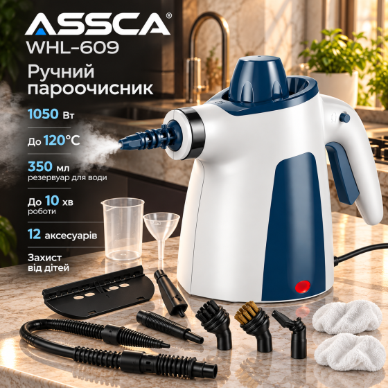 Ручний пароочисник ASSCA WHL-609 1050 Вт, до 120°C, резервуар 350 мл, 10 хв роботи, 12 аксесуарів, захист від дітей Київ
