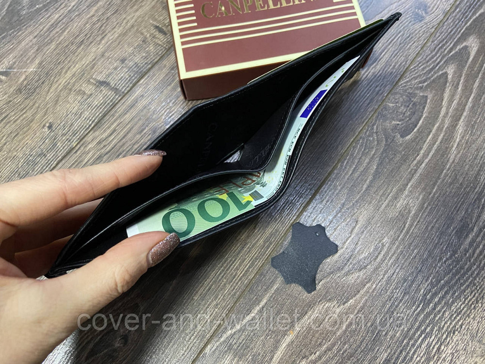 Тонкий мужской кожаный кошелек небольшого размера черного цвета Сanpellini Киев - изображение 6