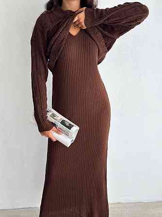 Женский теплый элегантный костюм: свитер и платье машинная вязка Шоколад Одесса