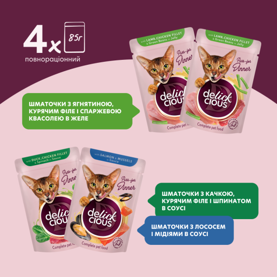 Набір №3 вологого корму для дорослих котів Делікшес Delickcious (4 шт - 4 різних смаки), 340 г Вінниця