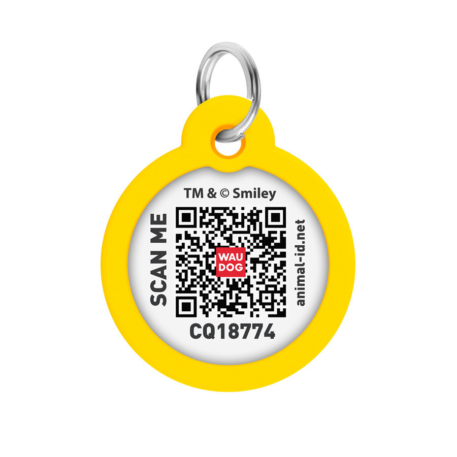 Адресник для собак і котів металевий WAUDOG Smart ID з QR паспортом, малюнок "Смайли на блакитному", коло, Д 30 мм Київ - фото 3