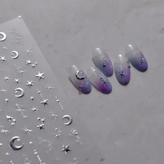 3D наклейки для нігтів сріблясті – зорі, місяць і сонце, блискучий декор для манікюру Київ