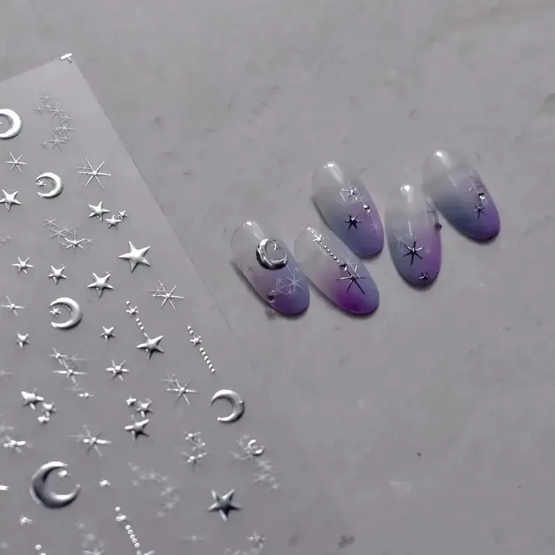 3D стикеры для ногтей серебристые – звёзды, месяц и солнце, блестящий декор для маникюра Киев - изображение 1