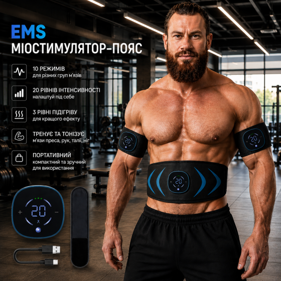 EMS миостимулятор-пояс Yonars для пресса, 10 режимов, 20 уровней, 3 уровня нагрева, пульт, USB-зарядка Киев