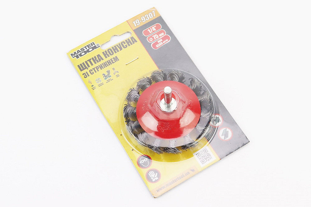 Щітка конусна зі стрижнем 1/4" D-75мм з плетеного дроту 19-9307 Київ - фото 2