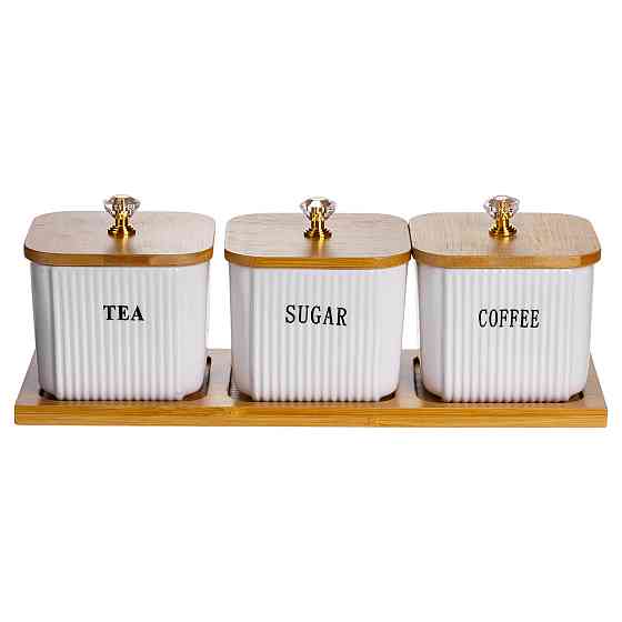 Набір порцелянових квадратних банок для сипучіх на підставці 3 шт. по 350 (мл) для чаю кави цукру SCT-643 Коломия