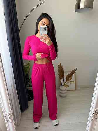 Жіночий стильний повсякденний костюм-двійка турцький рубчик Малиновий, 50/52 Одеса