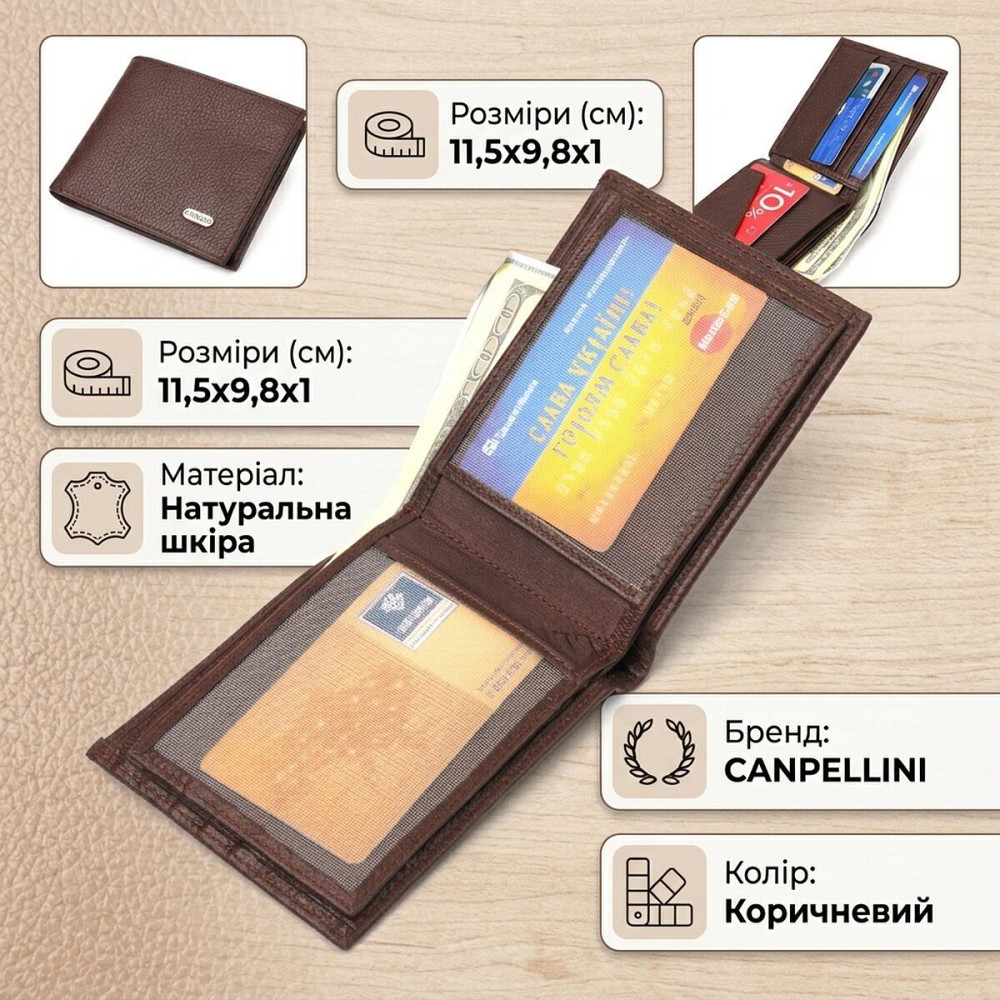 Практичный кошелек для мужчин в два сложения из натуральной кожи флотар CANPELLINI 21586 Коричневый Киев - изображение 13