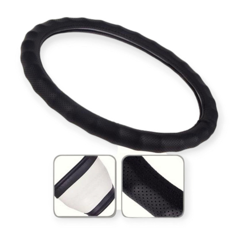 Чехол m кожа (37 - 39 см) черный рефленный, перфорированный, один шов, белая основа руля Мукачево - изображение 1