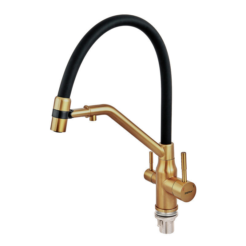 Змішувач для кухні з силіконовим виливом Zerix MAG-021 Brushed Gold Refl.Black з нержавіючої сталі  SUS304 з виходом для питної Харків - фото 4