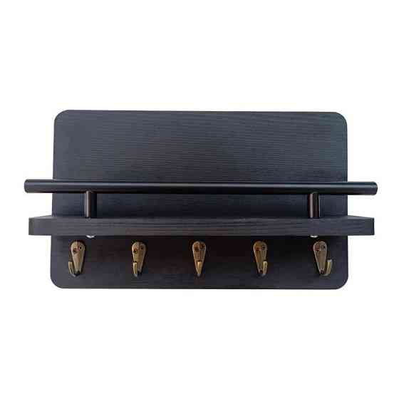 Полка подвесная для хранения мелочей и аксессуаров деревянная для кухни прихожей ванны 5 крючков 30х18х7.5 см,чёрная Каменец-Подольский