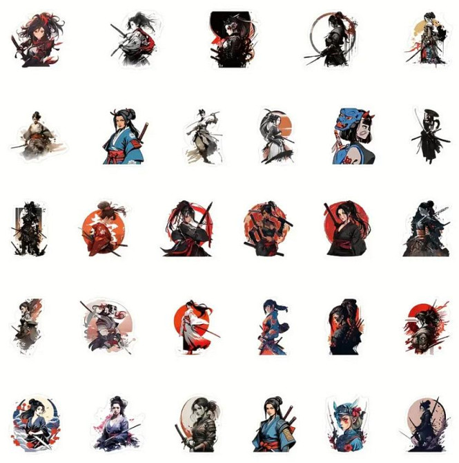 Наклейки дівчина самурай. Наклейки на мотоцикл, велосипед, для комп'ютера, ноутбука, набір 50 шт. Київ - фото 3