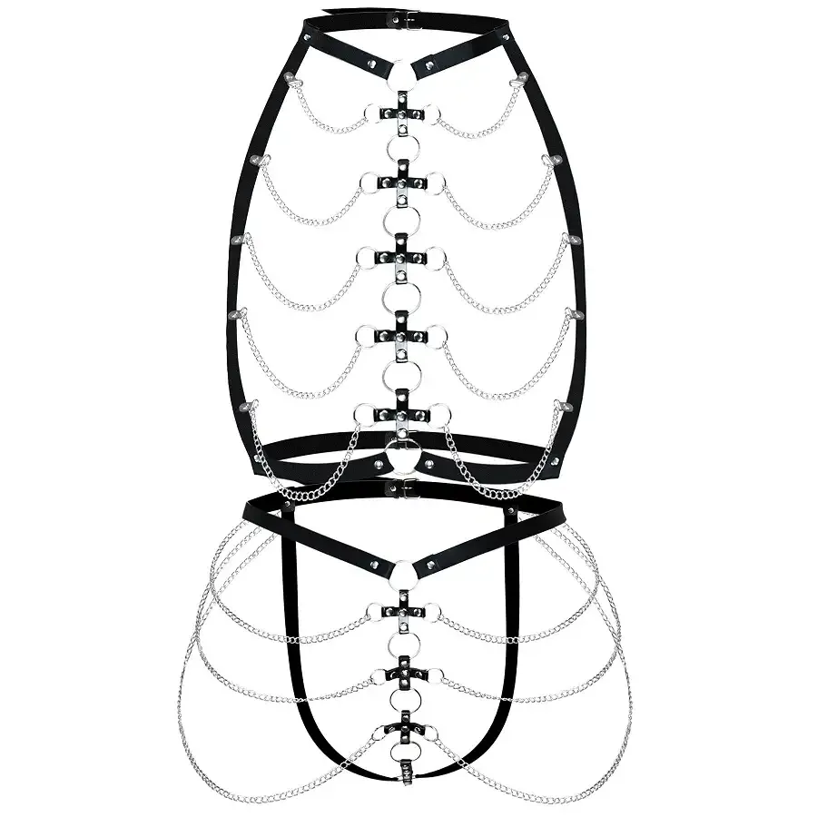 Набір портупея + трусики зі шкіри з ланцюжками Art of Sex - Cross, розмір XS-M, колір чорний Львов - изображение 4