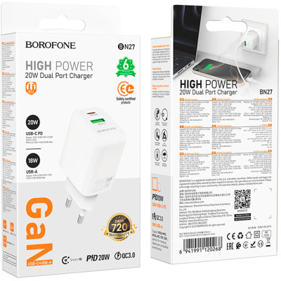 Зарядний пристрій BOROFONE BN27 Fuente 1xUSB-C PD20W + 1xUSB QC3.0 White (6941991120268) Вінниця - фото 7