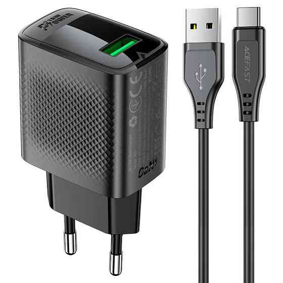 Мережевий зарядний пристрій з кабелем ACEFAST A90 QC18W GaN single USB-A charger set (P3) (EU) Black Одеса