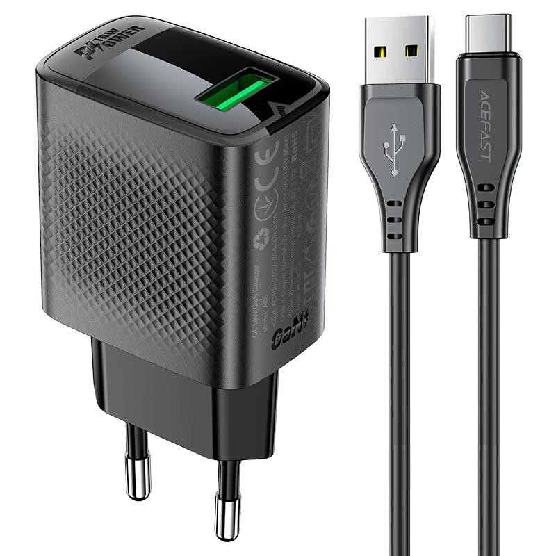 Мережевий зарядний пристрій з кабелем ACEFAST A90 QC18W GaN single USB-A charger set (P3) (EU) Black Одеса - фото 1