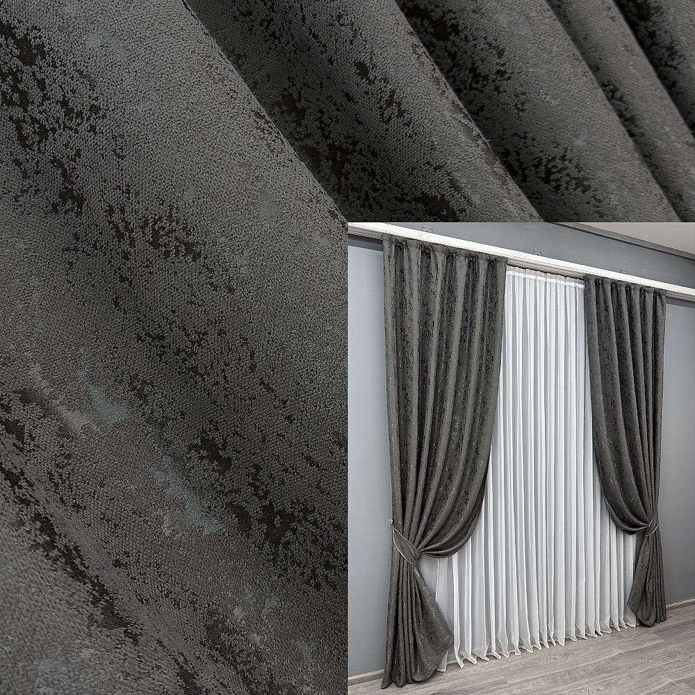 Комплект готовых штор VR-Textil Лен мрамор Pavliani № 1667ш Графитовый 200х270 см 2 шт (32-284) Киев - изображение 1