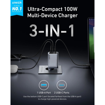 Зарядное устройство Anker GaNPrime 100W 2xUSB-C PD + 1xUSB-A Foldable Silver (A2688341) Винница - изображение 6