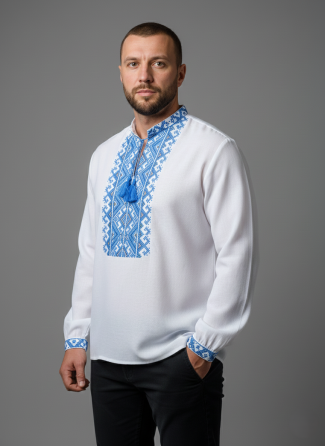 Чоловіча вишиванка з домотканого полотна голубий  орнамент Київ