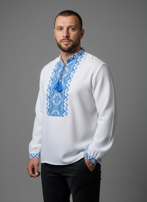 Мужская вышиванка из домотканого полотна голубой орнамент. Киев - изображение 2