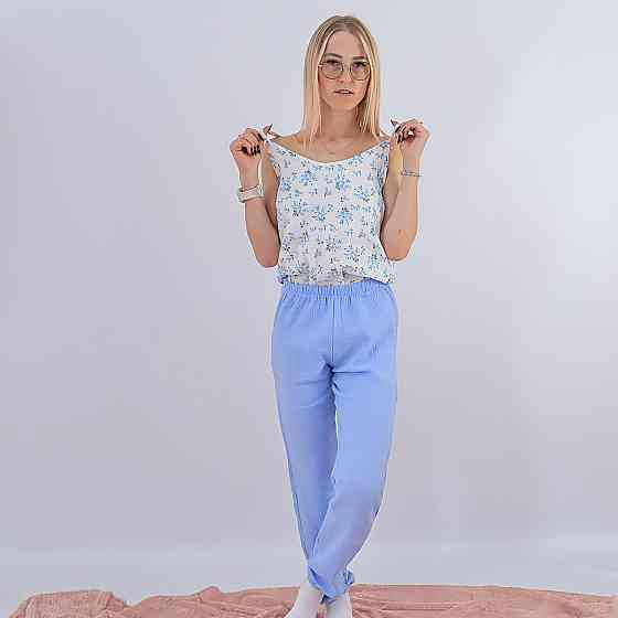 Бавовняна блакитна жіноча піжама три в одному майка з квіточками + штани +халат 52/54 Кам'янець-Подільський