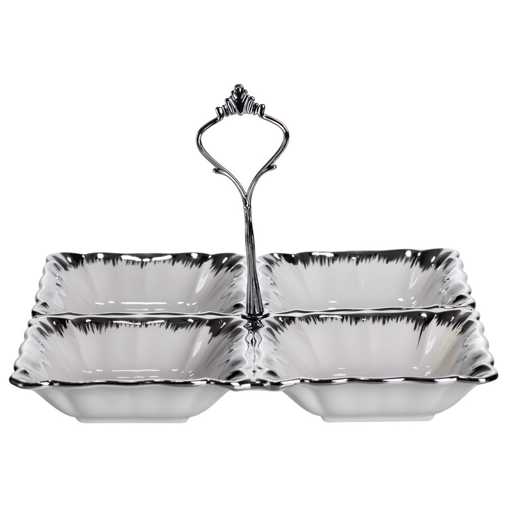 Менажниця порцелянова на 4 секції 22.5×22.5×3 (см) з ручкою Білий зі сріблом LC-BYL-101-S Коломия - фото 4