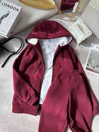 Жіночий теплий повсякденний костюм: худі + штани, тринитка на флісі + хутро Бордо, 46/48 Одеса