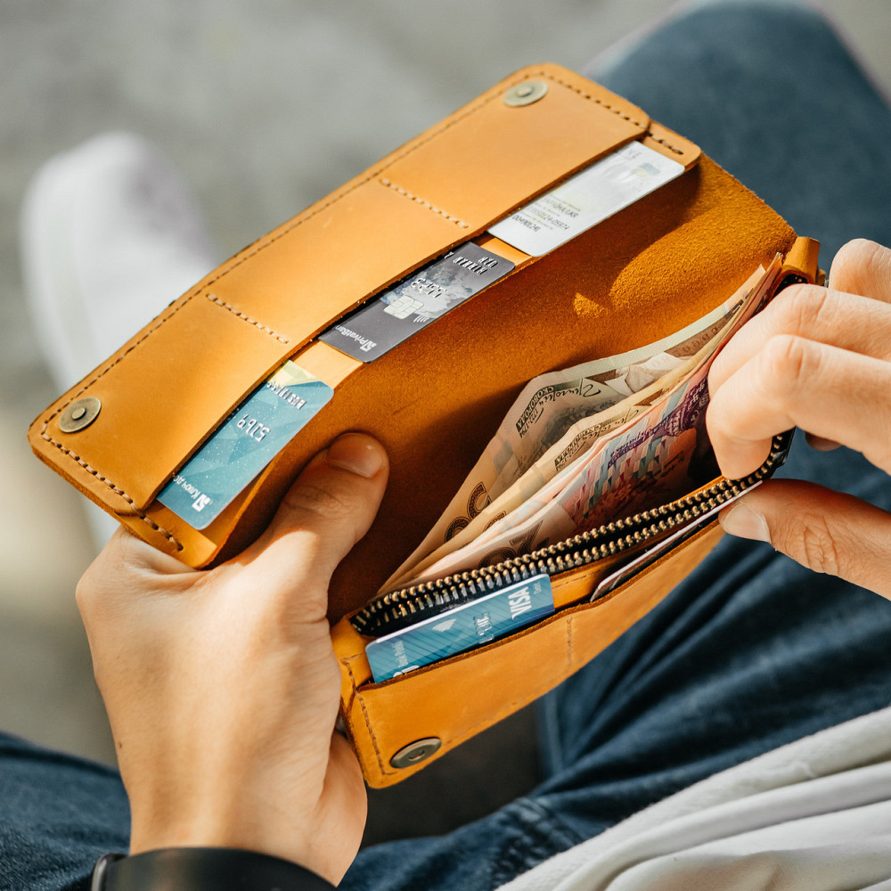 Клатч чоловічий шкіряний Лонгер Рудий стильний на кнопках 20х10 см з відділеннями для купюр, карт та монетMasterSem Київ - фото 3