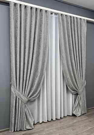 Комплект штор VR-Textil Льон Мармур 150х270 2шт і Тюль 400х270 1263ш-115т Світло-сірий з білим 71-125/3 Київ