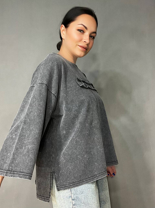 Футболка жіноча A-N 26029 оверсайз широка варена тай дай довгий рукав 3\4 з вишивкою попереду one size, сірий, one size Київ - фото 13