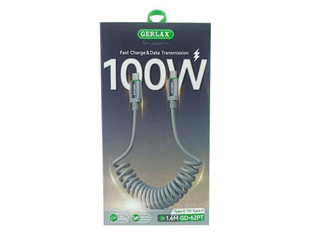 Кабель Type-C - Type-C GD-62PT 9А/100W/QC3.0 пружинка сірий 1.6м ТМ GERLAX Київ - фото 1
