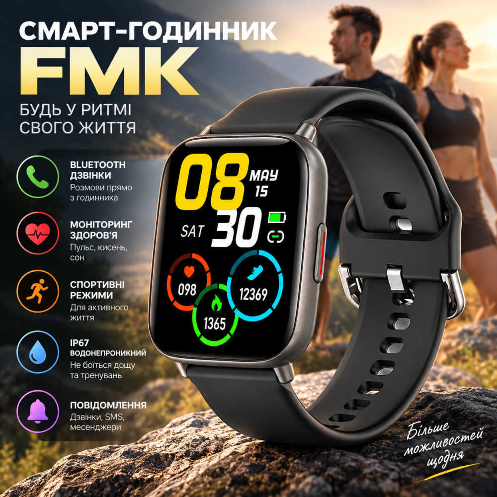 Смарт-годинник FMK Black водонепроникний розумний спортивний годинник чоловічий та жіночий з Bluetooth дзвінком, фітнес трекер IP6 Київ - фото 9