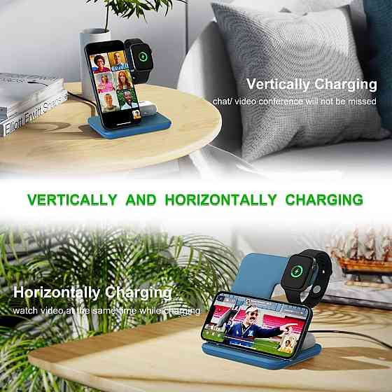 Бездротова зарядна станція 3в1 Minthouz, 18W, для iPhone, Apple Watch, AirPods, QC3.0, Type-C, синя Київ