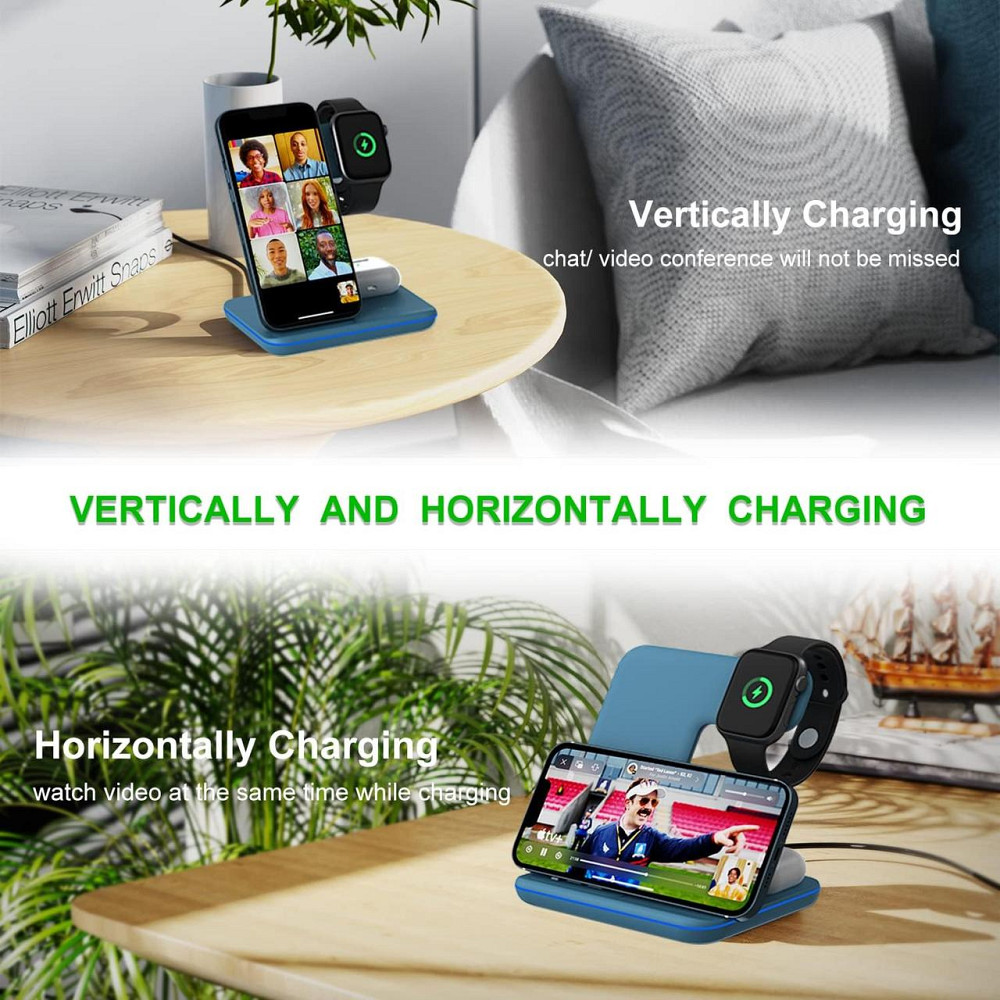 Бездротова зарядна станція 3в1 Minthouz, 18W, для iPhone, Apple Watch, AirPods, QC3.0, Type-C, синя Київ - фото 4