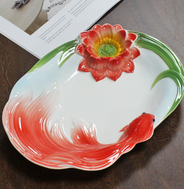 Блюдо Золотая рыбка  29 см китайский лепной костяной фарфор Соусник Лотос Кременчуг - изображение 3