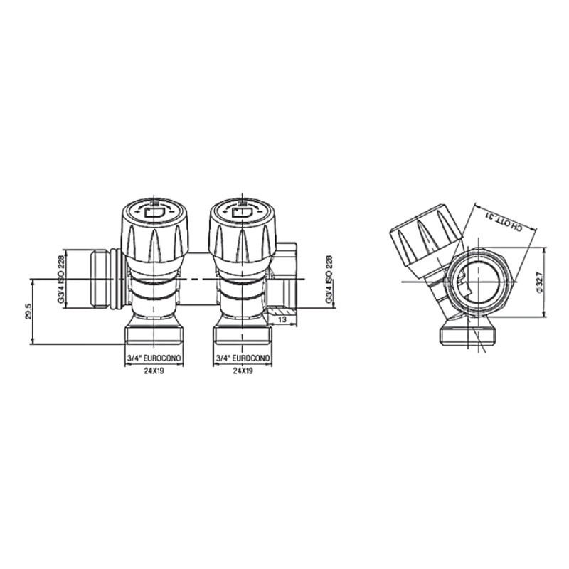 Колектор з регулюючими вентилями на 2 вих. Roho R809-02 - 3/4"x3/4" EK (RO0249) Київ - фото 2
