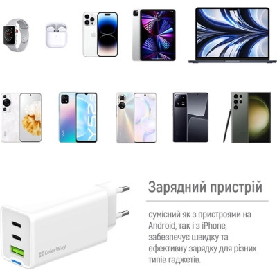 Зарядний пристрій ColorWay GaN Mini 65W PD Port PPS USB (USB-2C1A) white (CW-CHS058PD-WT) Вінниця - фото 7