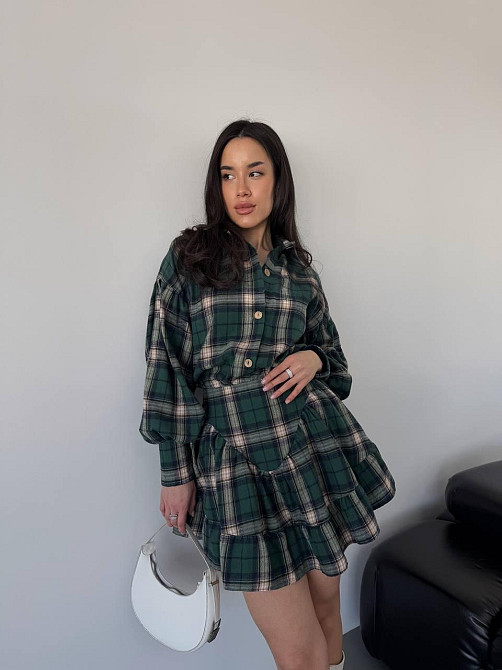 Женский стильный костюм двойка: рубашка и юбка в клетку тиар Зелёный, 46/48 Одесса - изображение 4
