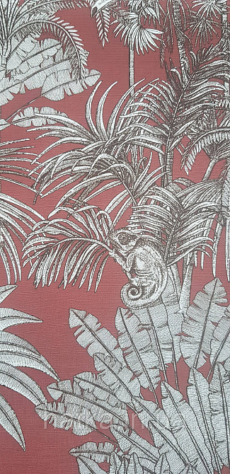 Шпалери вінілові на флізеліні Rasch Clasik 0,53х10 птиці папуги тваринні пальми листя сіре на бордовому Київ - фото 2
