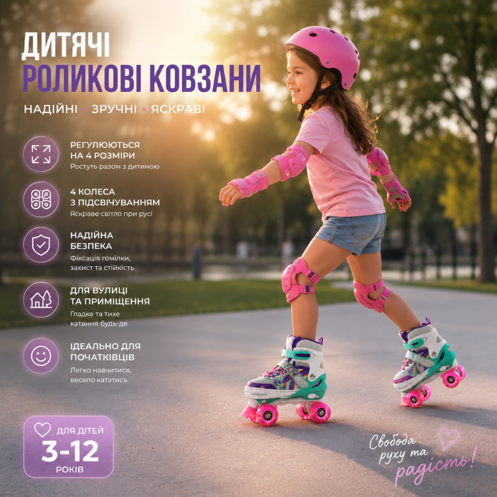 Дитячі розсувні роликові ковзани квадри з колесами, що світяться, ролики для дівчаток та хлопчиків 31-42 Київ - фото 3