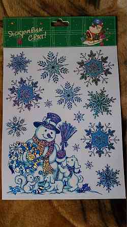 Новогодняя наклейка на окна Снеговик и снежинки 29 на 22 см голубой Киев