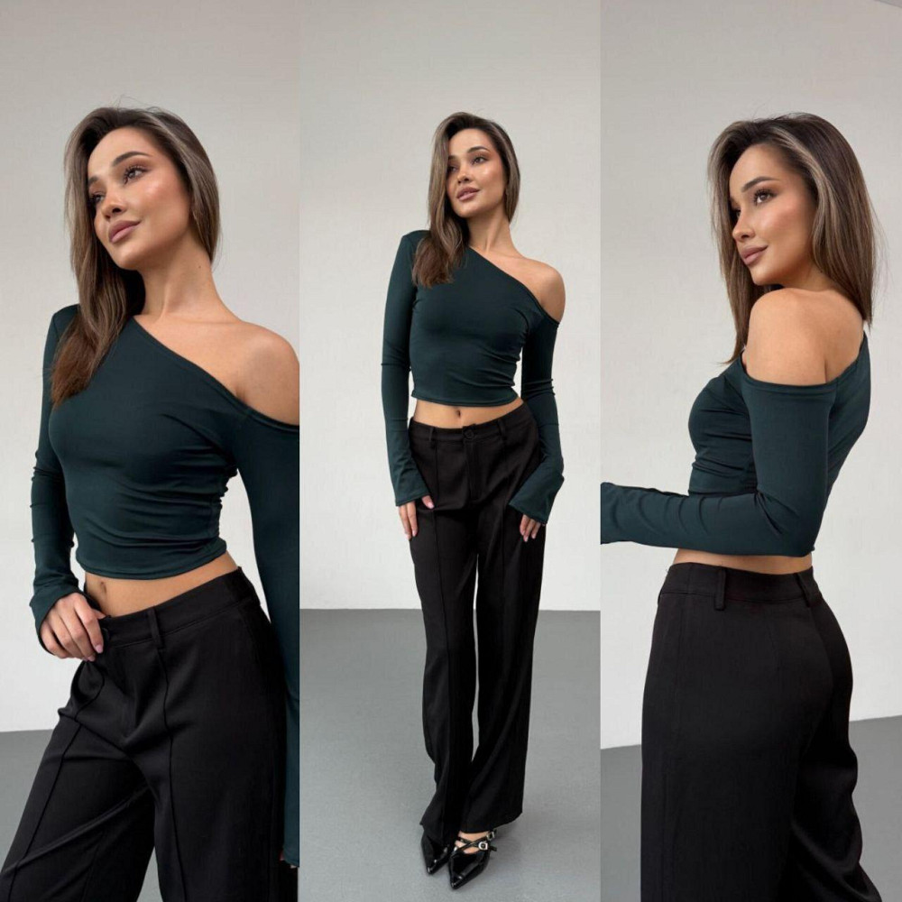 Женский стильный лонгслив с открытым плечом турецкий микродайвинг Изумрудный, 46/48 Одесса - изображение 1