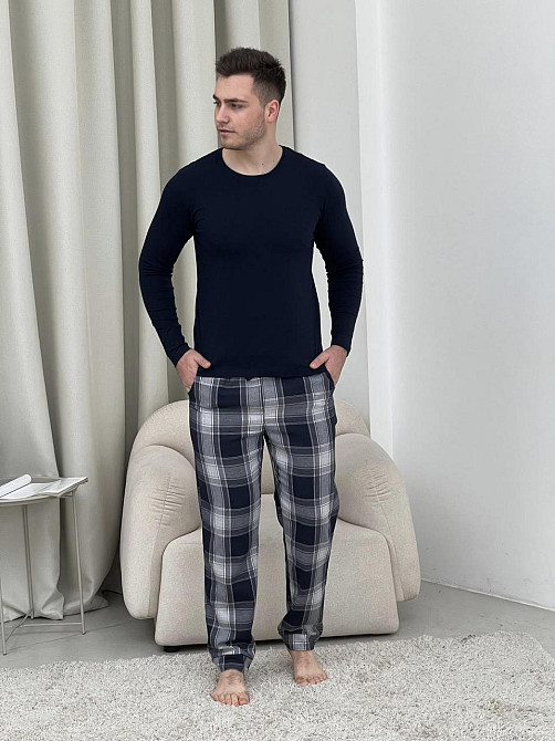 Домашня піжама для чоловіків COSY із фланелі (штани+лонгслів синій) темно-синій/сірий  2ХL Київ - фото 1